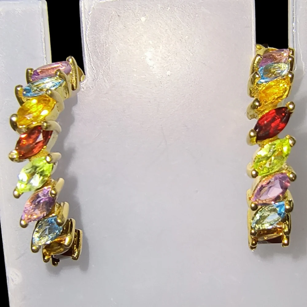 Multi Gemstone & 18K Gold Vermeil Sterling Silver Half Hoop Earrings Brand New